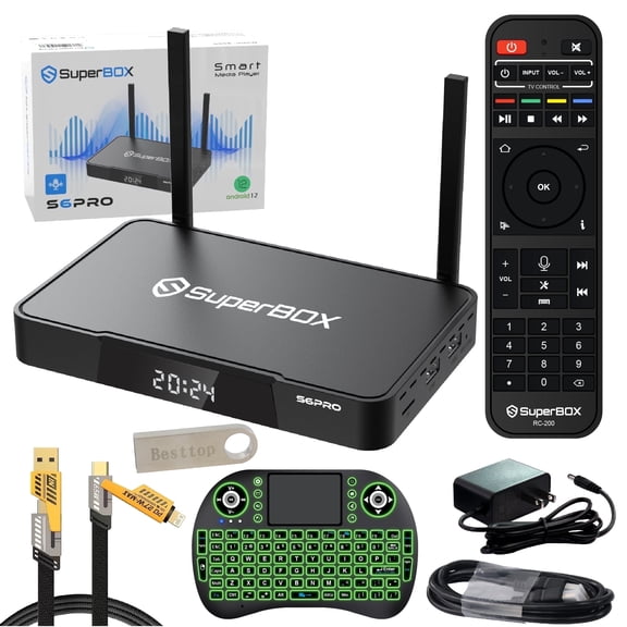 Superbox S6 Pro Fully 2025 with Voice Control, 6K Cable,64GB USB Drive, Backlit Keyboard & USB Cable (Easy Setup Guide by Seller, CA Support), Android 12, 4GB RAM, 32GB ROM