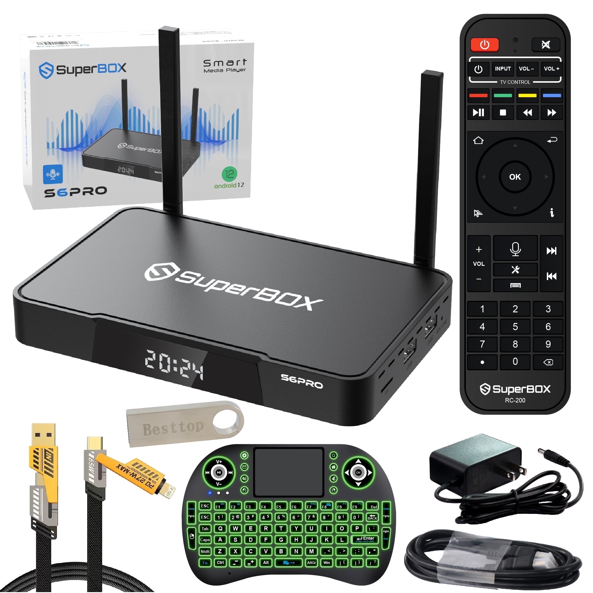 Superbox S6 Pro Fully 2025 with Voice Control, 6K Cable,64GB USB Drive, Backlit Keyboard & USB Cable (Easy Setup Guide by Seller, CA Support), Android 12, 4GB RAM, 32GB ROM