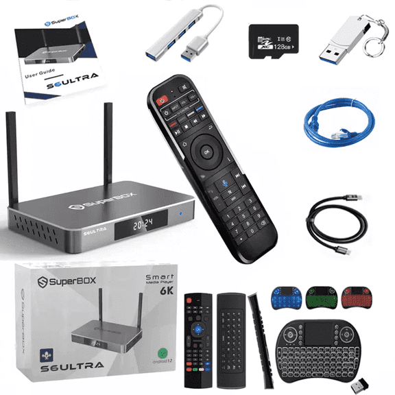 Superbox S6 Ultra TV Box Bundle with 8K-Compatible Cable, Backlit Keyboard, Ethernet Adapter