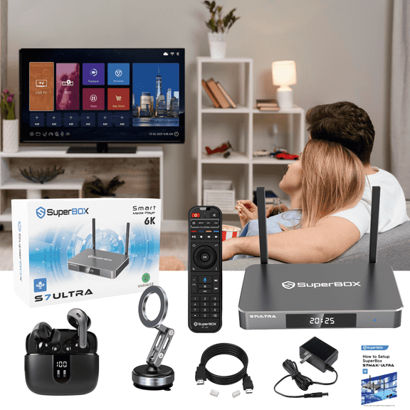 Superbox S7 Ultra Latest TV BOX with 128GB storage, Equipped with Wireless Bluetooth Earphone & Magnetic Phone Holder