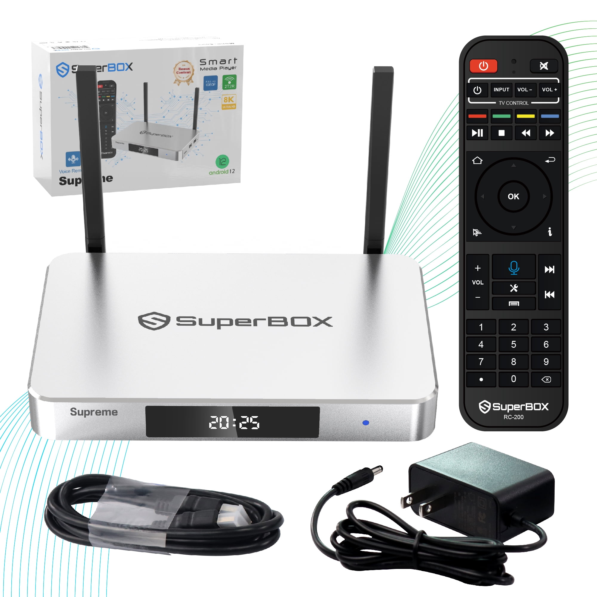 Superbox Supreme 2025 Fully Loaded with Premium Bonus Content, 8K Smart TV Box with 4G+128G, Wireless Voice Remote, 1000M Ethernet Port Super Box, Easy Setup Guide
