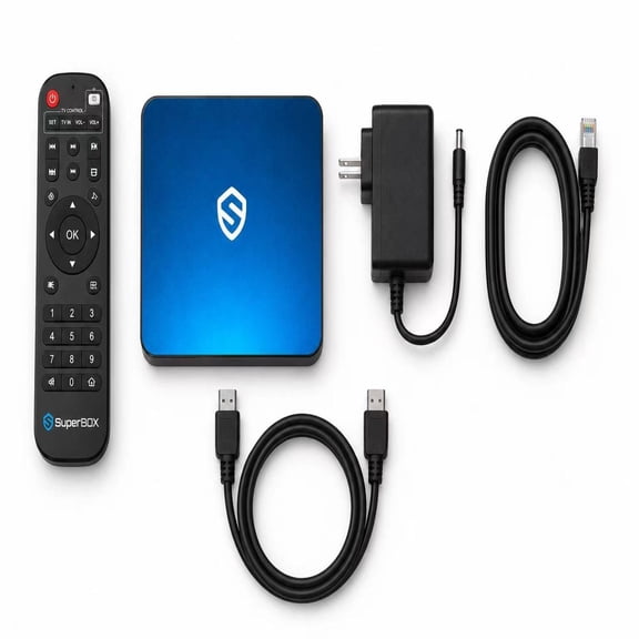 Superboxs7max Family Bundle, (5-in-1) 64GB storage box, voice remote control, HD cable, power cord, and user manual