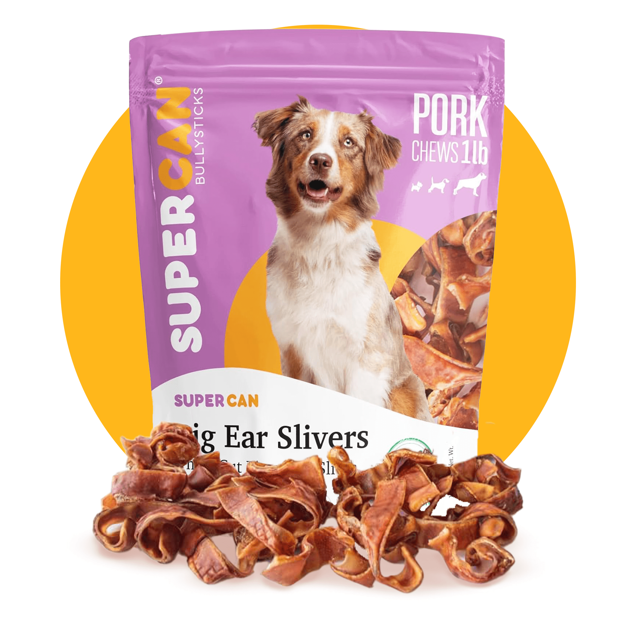 SUPER CAN BULLYSTICKS Pig Ear Slivers for Dogs (1LB) All Natural Dog Treats for Small Medium Large Dogs - Dental Chews for Dog Long Lasting - Rawhide Free