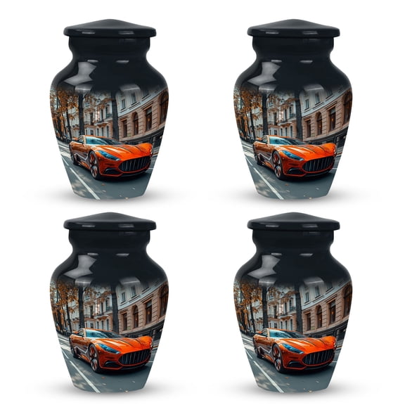 A Supercar Cruises Down A Leafy Urban Avenue - Cremation Urn For Adults - Engraved Legacy Urn - Personalized Touch For Adult Ashes - Custom Memorial - 3 Inch, Set Of 4