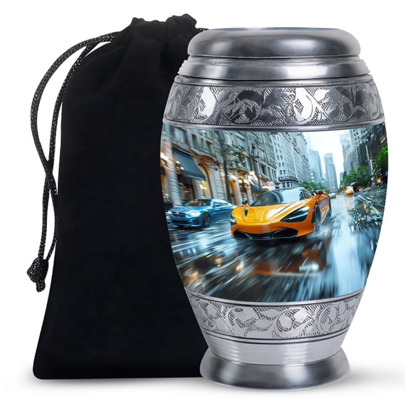 Supercars Glide Through Wet City - Companion Urns - Vibrant Reflection - Colorful Urn for Bright Lives - Cheerful Ashes Celebration - 10 Inch
