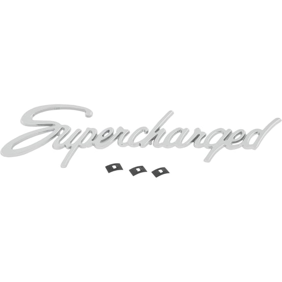 Speedway Motors Supercharged Script Emblem Triple Chrome Plated Universal Badge, 9 Inch Automotive Body Emblem with Mounting Studs and Clips, Custom Vehicle Exterior Accent