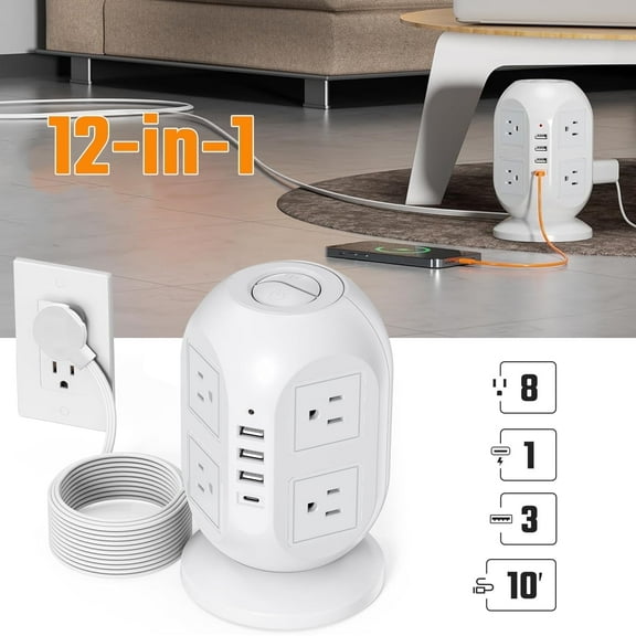Superdanny 8-Outlet Power Strip Tower, 4 USB Surge Protector with10FT Extension Cord, 3 USB-A , 1 USB-C Ports, White