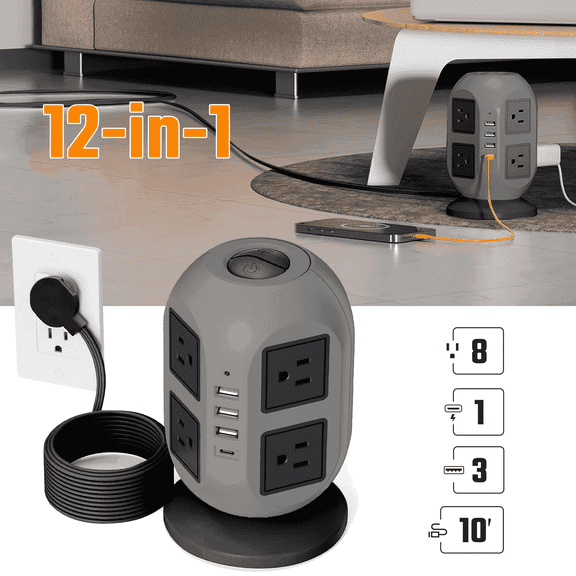 Superdanny 8 Outlet Tower Power Strip, USB Surge Protector with 10FT Extension Cord, 3 USB-A and 1 USB-C Ports, Gray and Black