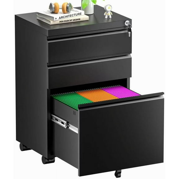 Superday Black File Cabinet 3 Drawer, Fully Assemble Metal Rolling Vertical Filing Cabinet with Wheels, Small Under Desk File Cabinets for Home Office