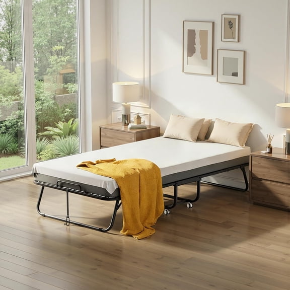 Superday Folding Bed with Mattress, 75” x 38” Portable Rollaway Bed, Twin Foldable Bed with 5" Mattress, Roll Away Beds for Adults, Fold up Beds for Guest Room&Small Apartment, Twin Size,Cot Size