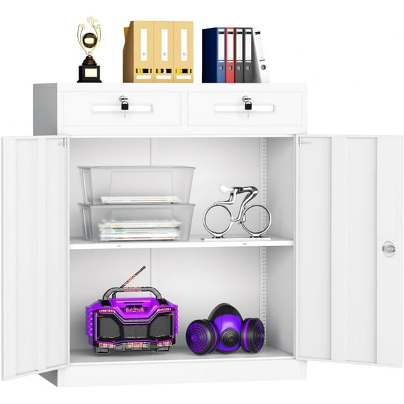 Superday Lockable Storage Cabinet with 2 Drawers, 36" Metal Storage Cabinets with Locking Doors and Adjustable Shelves, White Metal Locking Cabinet for Home Office Garage School