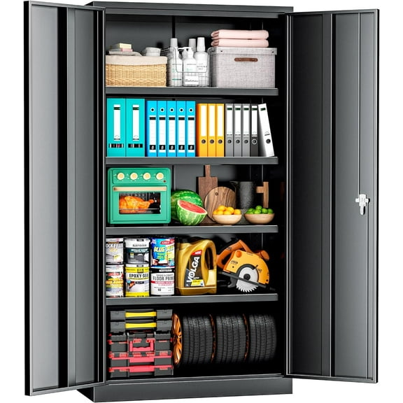 Superday Metal Storage Cabinet 71"×32"×16", Tall Storage Cabinet with 2 Doors and 4 Shelves, Large Metal Steel Utility Cabinets for Home Office, Garage, File Bathroom Pantry (Black)