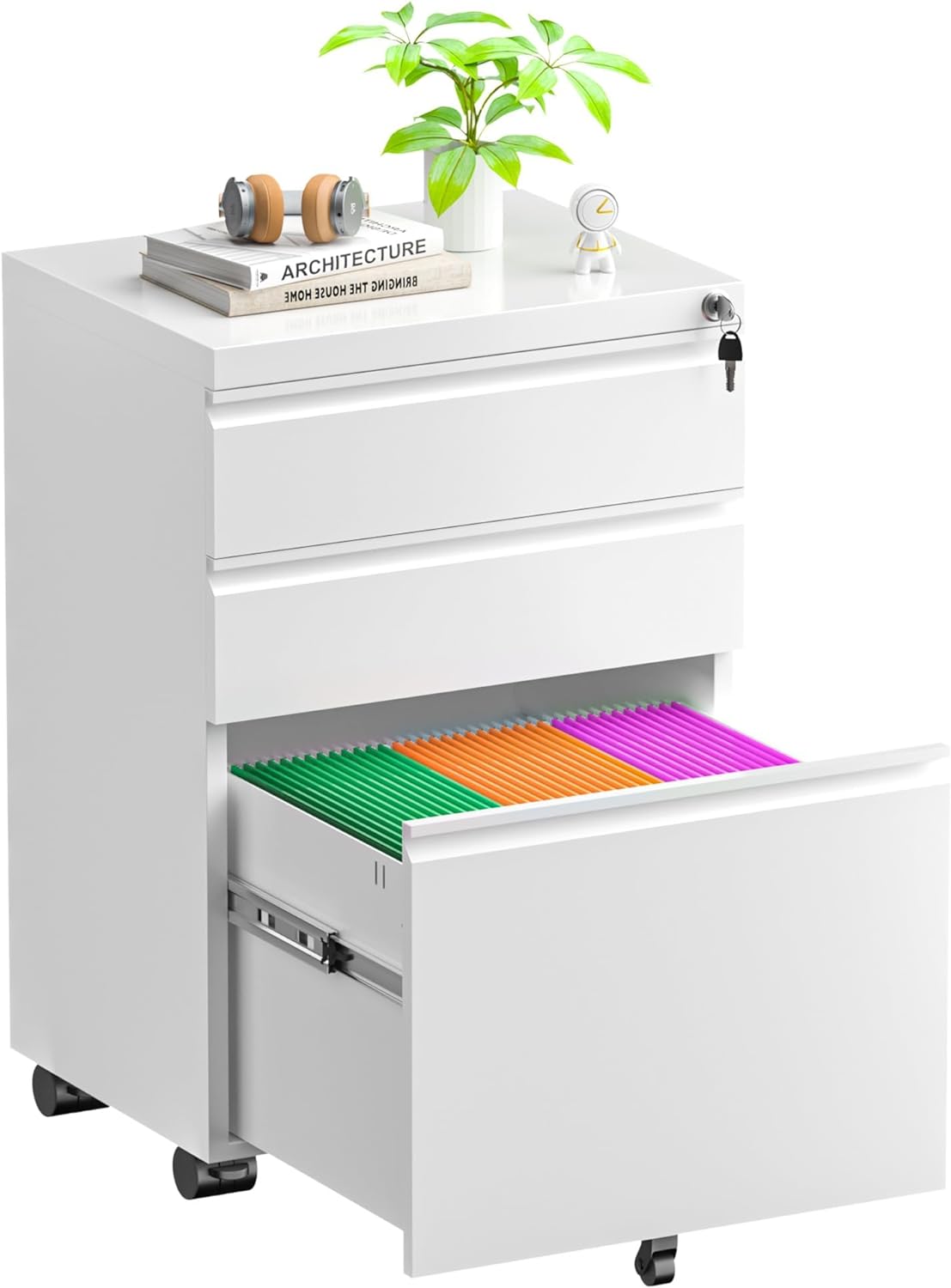 Superday White 3 Drawer Mobile Locking File Metal Rolling