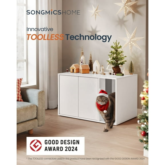 Superfast Toolless Assembly, Cat Litter Box Enclosure, Cat House, for Large Cats, Push-to-Open Doors, Display Side Table, Coffee Table, Minimalist Modern, White