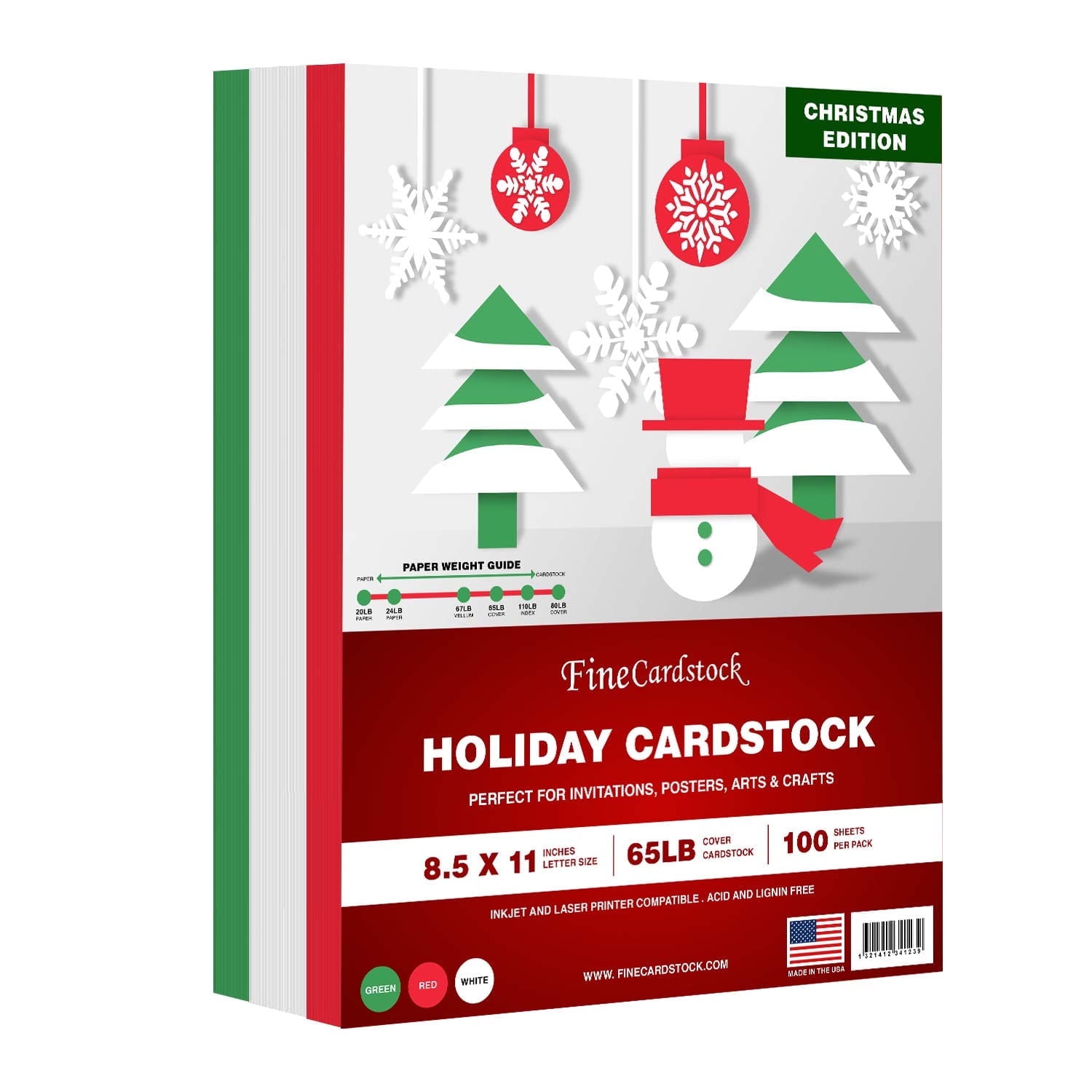 Holiday Christmas Colored Card Stock Paper, Red, Green & White 8.5 x 11" Cardstock for Greetings, Gift Tags, Art & Crafts, Invitations & Announcements | 25 Red, 25 Green, 50 White (100 Sheets Total)