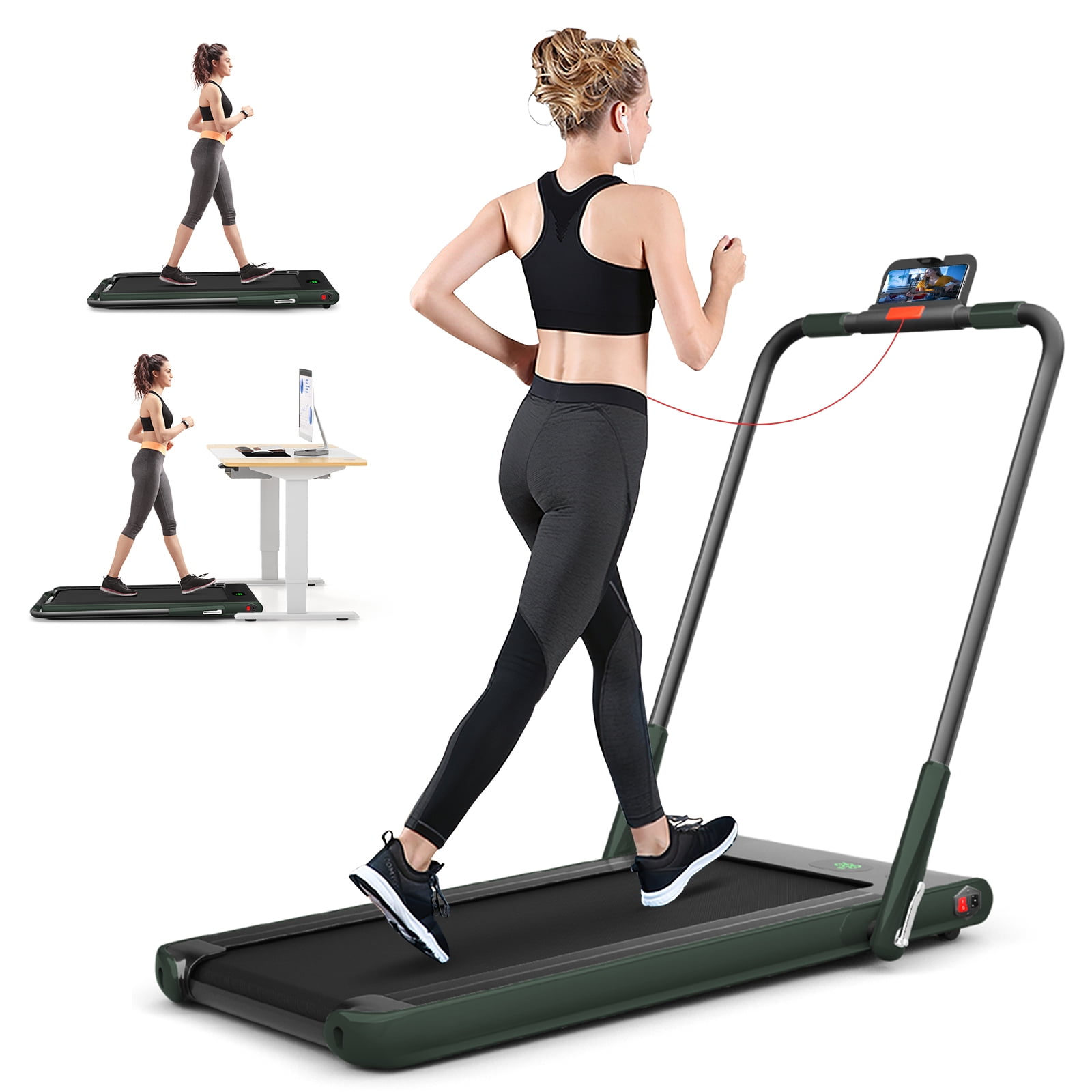 Costway 2.25HP 2 in 1 Folding Under Desk Treadmill up to 7.5MPH with Remote Control APP Green