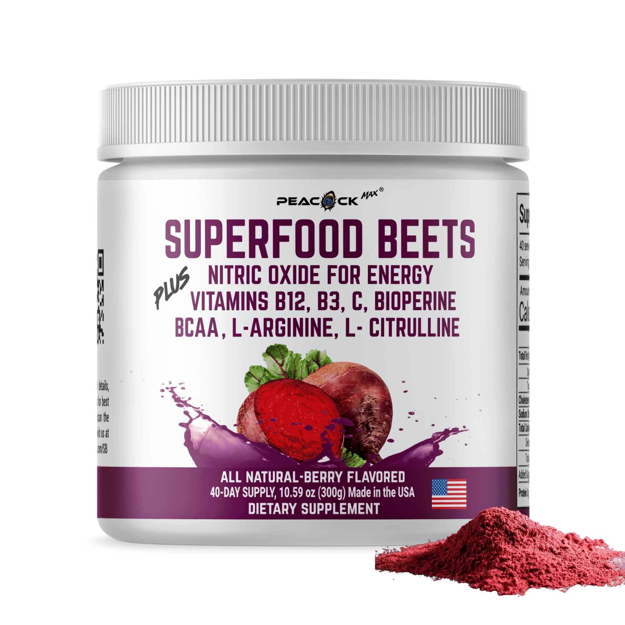 Peacock Max Organic Beetroot Powder Supplement  10.59 oz, Nitric Oxide Booster for Circulation & Heart Health