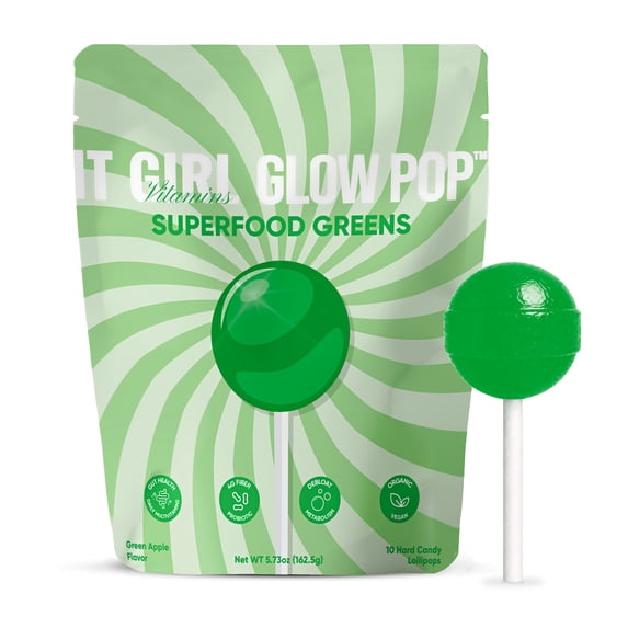 It Girl Vitamins Glow Pop Superfood Greens Lollipops, Organic Gluten-Free Healthy Candy with Prebiotic Fiber & Probiotics, Green Apple, 10 Count