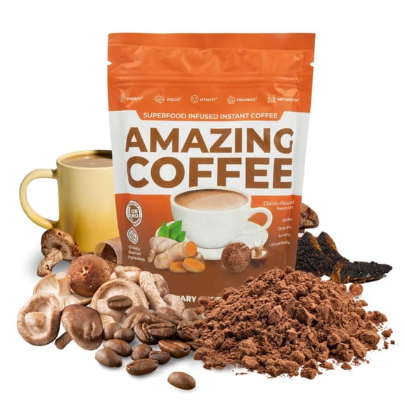Superfoods Company |Amazing Coffee - Instant French Roast | Adaptogenic Mushrooms, Superfoods infused - Energy, Focus, Digestion, Immunity - 30 Servings - Cocoa Flavor
