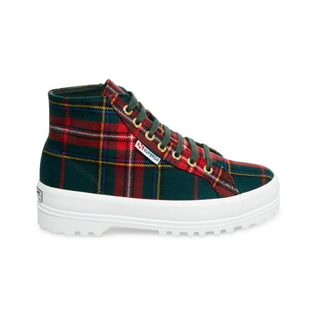 Superga 2341 Suede High Top Lace-Up Round Toe Sneaker GREEN PLAID