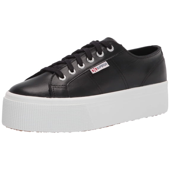 Superga Women's 2790 Black Nappa Leather Lace Up Platform Sneaker
