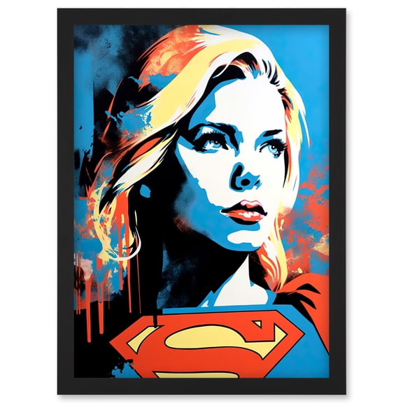 Supergirl Linocut Portrait Blue Red Yellow Female Comic Book Superhero Girls Bedroom Artwork Framed Wall Art Print A4