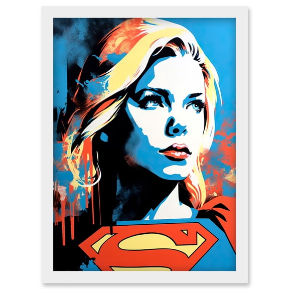 Supergirl Linocut Portrait Blue Red Yellow Female Comic Book Superhero Girls Bedroom Artwork Framed Wall Art Print A4
