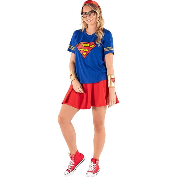 Supergirl Women's T-Shirt, Removable Cape, Glasses & Wrist Cuffs Costume Set