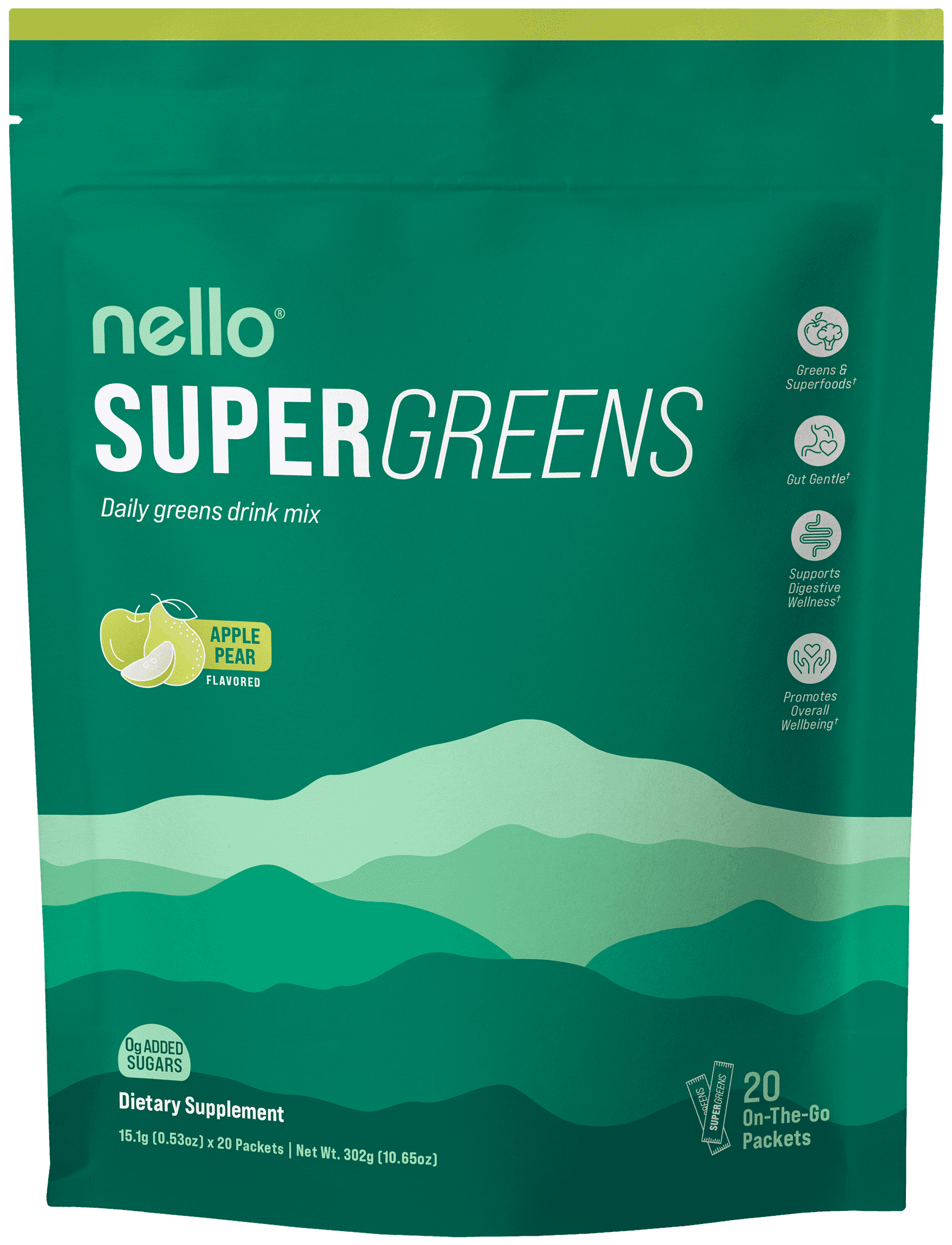 Supergreens Premium Superfood Greens Drink Mix w/Chlorella, Moringa, Spinach & Broccoli + Digestive Enzymes & Probiotic Blend -Nutrient-Packed Powder (Apple Pear 20 Servings, Travel Pack)