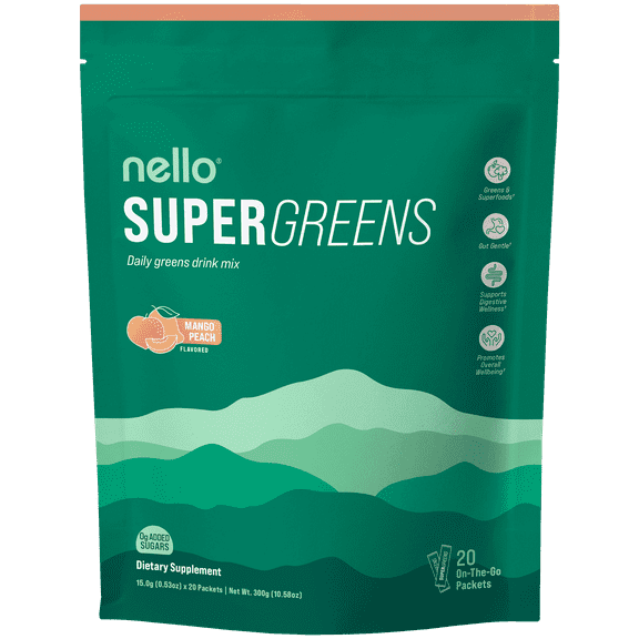 Supergreens Premium Superfood Greens Drink Mix w/Chlorella, Moringa, Spinach & Broccoli + Digestive Enzymes & Probiotic Blend -Nutrient-Packed Powder (Mango Peach 20 Servings, Travel Pack)