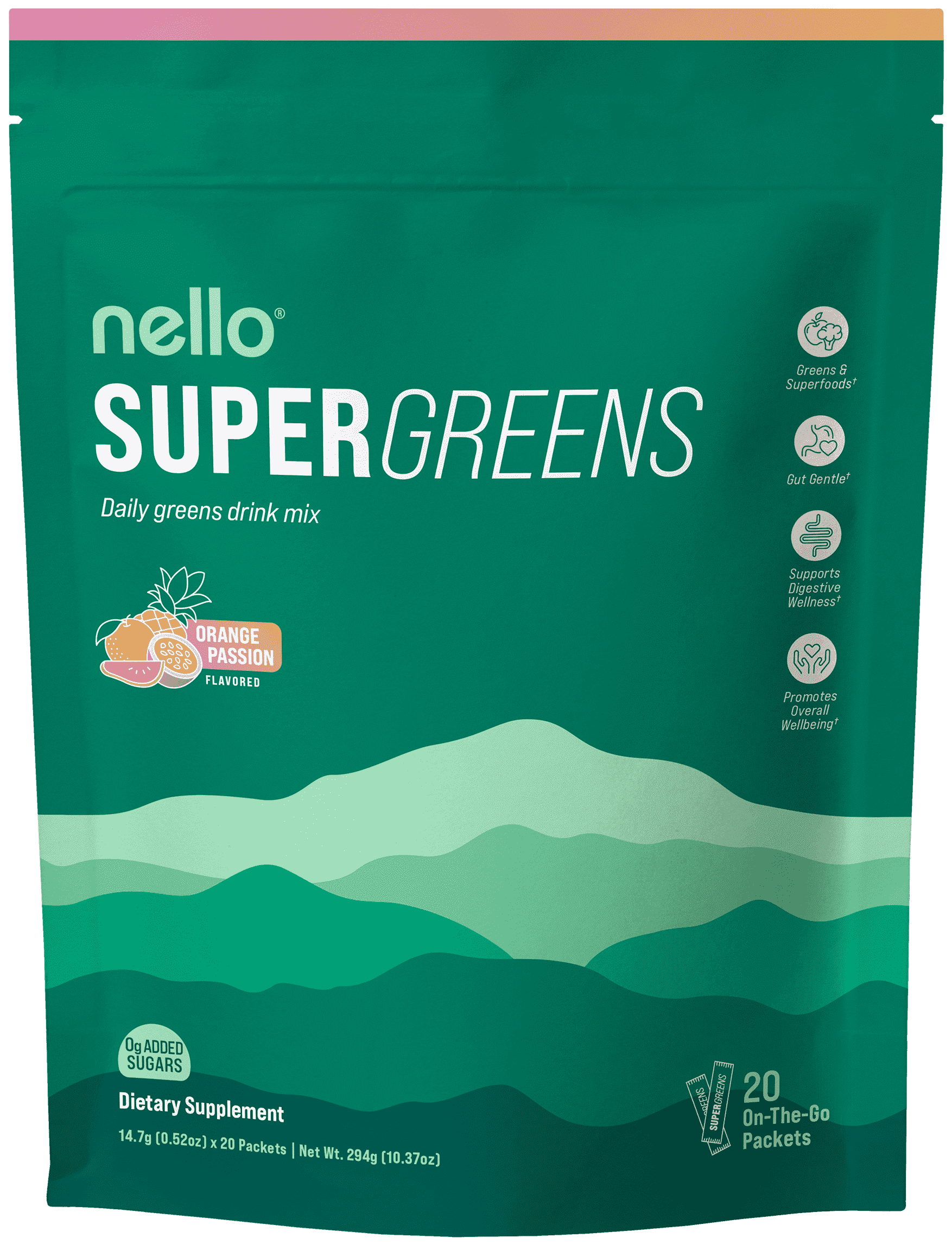 Supergreens Premium Superfood Greens Drink Mix w/Chlorella, Moringa, Spinach & Broccoli + Digestive Enzymes & Probiotic Blend -Nutrient-Packed Powder (Orange Passion 20 Servings, Travel Pack)