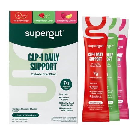 Supergut GLP-1 Daily Support Prebiotic Fiber Blend for Metabolism Support & Digestive Health, Flavored Variety Stick Pack Box, 15 servings