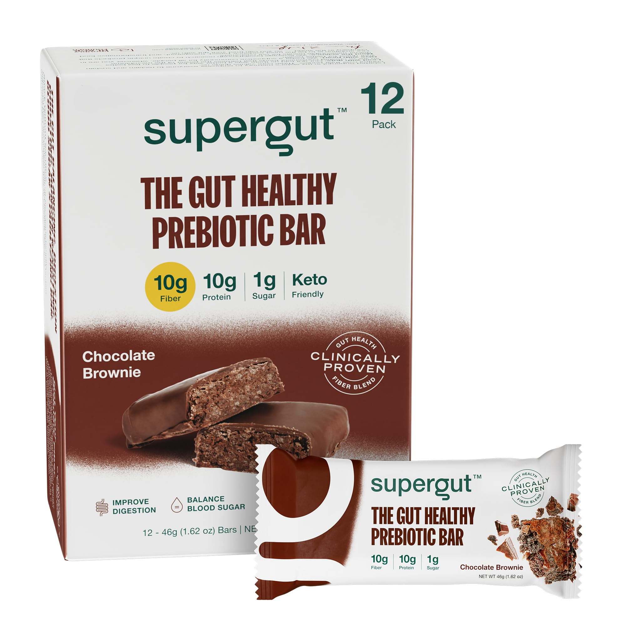 Supergut GLP-1 Boosting AJH3Prebiotic Bars, Chocolate Brownie - Gut Healthy Protein Snacks & Breakfast Bars - Keto-Friendly Meal Replacement Energy Bars (12 Count)