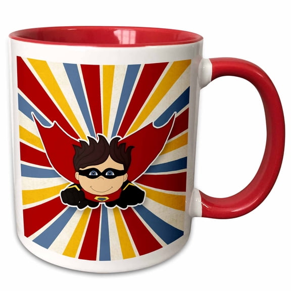 3drose, Superhero Boy in Bold Comic Style of Red Blue and Yellow, 11oz Two-tone Red Mug