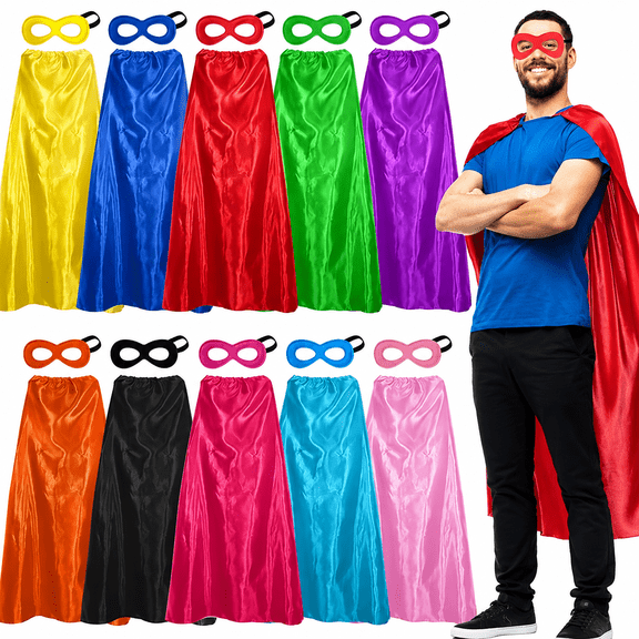 Superhero Capes and Masks for Adults, 10 Pack Satin Costume Capes with Felt Masks, Men Women Super Hero Dressup Set for Halloween Cosplay Group Party