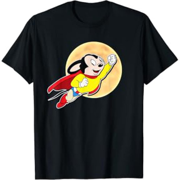 Superhero Cartoon Mouse For Mighty Humans Flies Past Moon T-Shirt