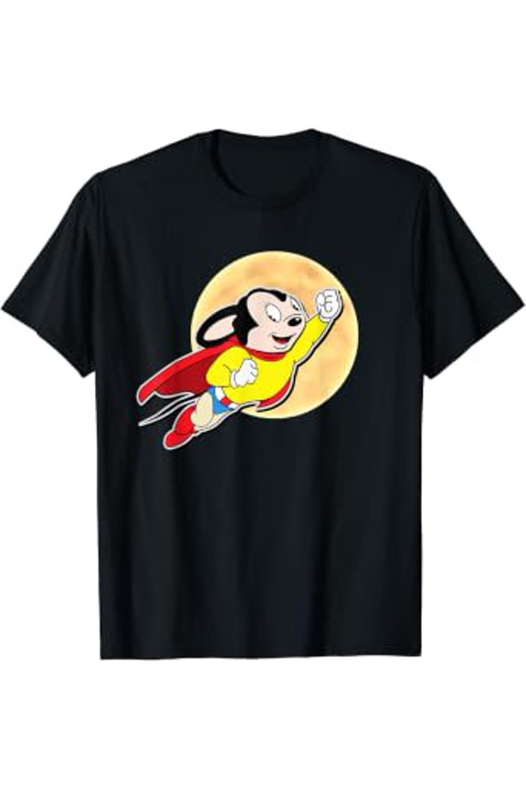 Superhero Cartoon Mouse For Mighty Humans Flies Past Moon T-Shirt