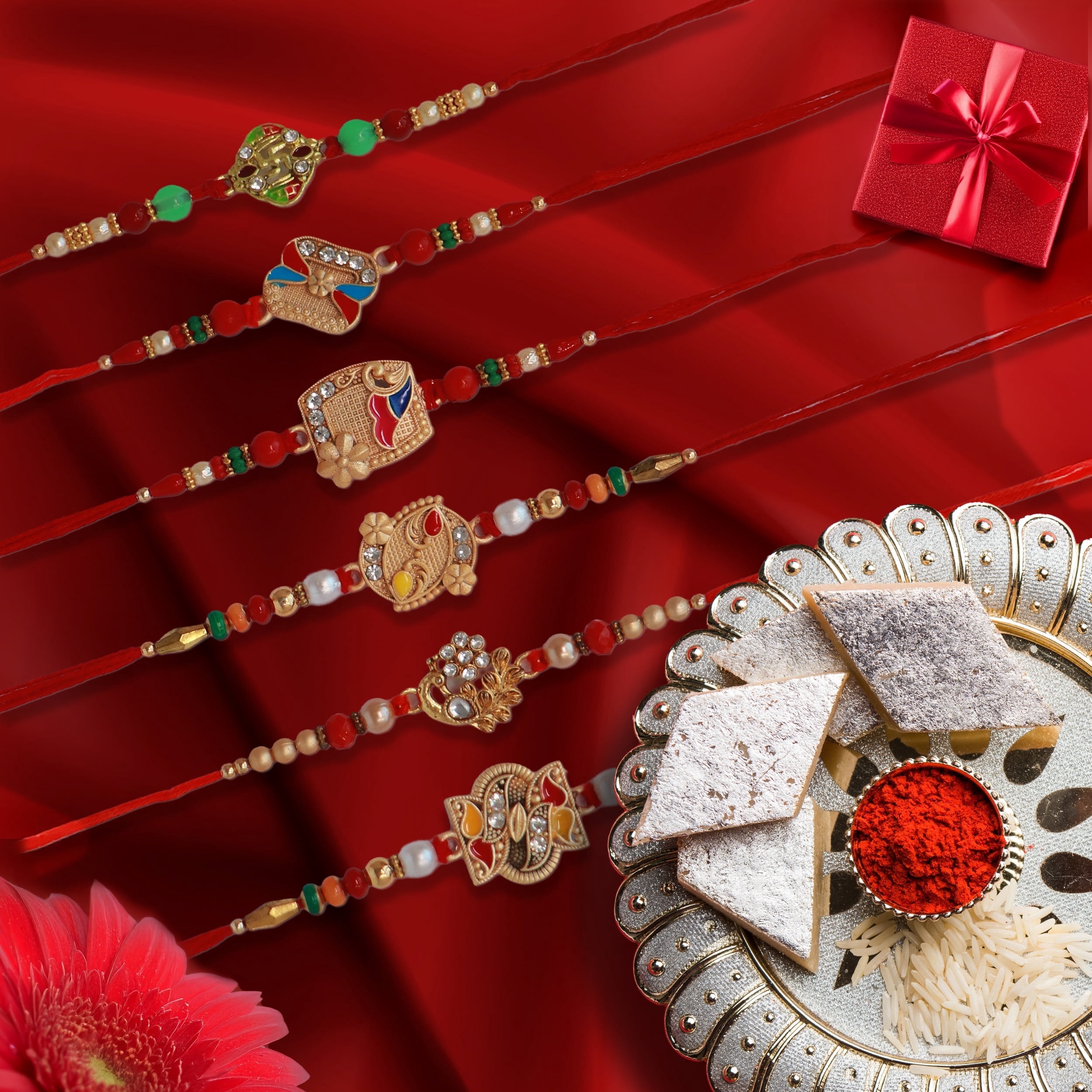 Rudraksha Rakhi Set For Brother With Gift - Traditional Rakhi Bracelet & Silver Plated Ganesh Laxmi Coin
