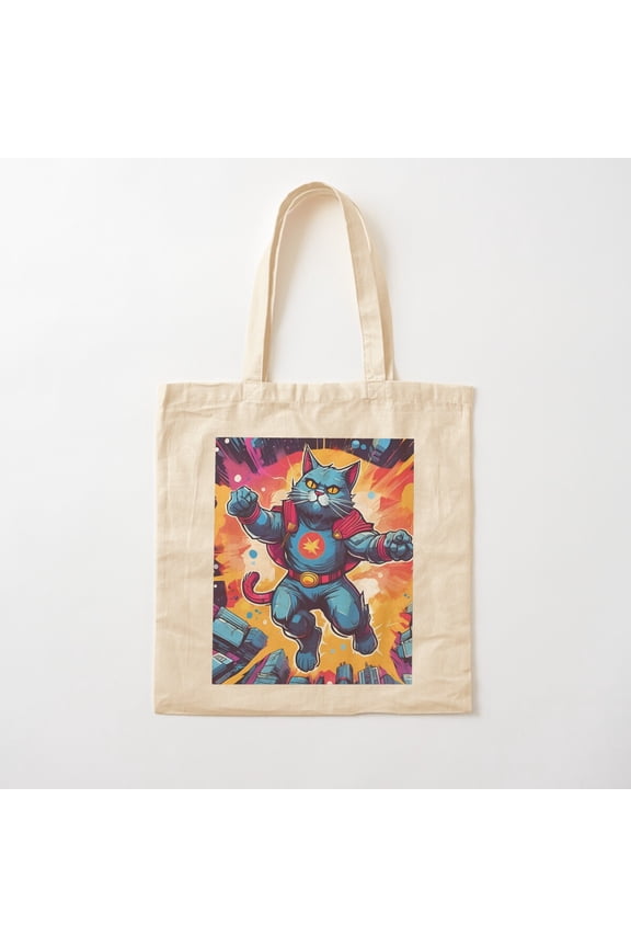 Superhero Cat Canvas Tote Bags, Reusable Shopping Bag