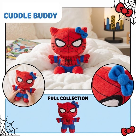 Superhero Cat Stuffed Animal with Black Web, Valentine Gift for Student and Cute Stuffed Animal for Birthday Gift, Valentine's Day Stuffed Animal 1 Count