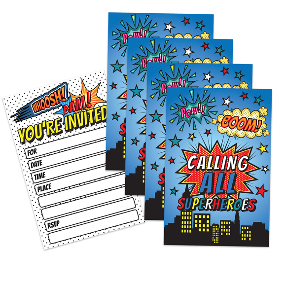 Superhero Comic Book Birthday Party Invitations & Envelopes Value Pack (20 Count)