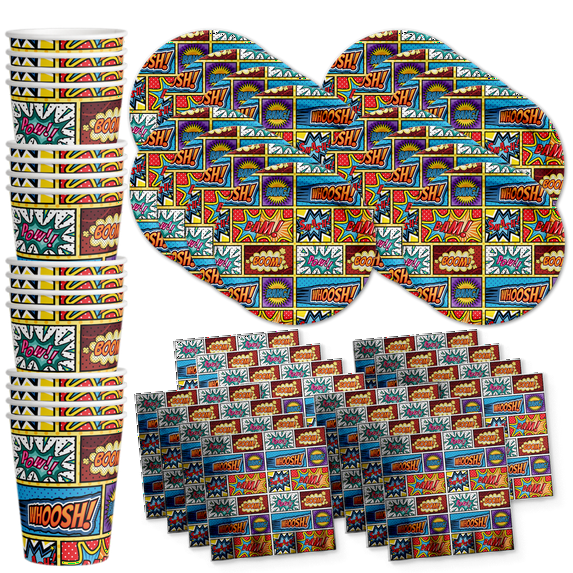 Superhero Comic Book Birthday Party Supplies - Super Hero Birthday for Boys - Super Hero Party Theme - Tableware Set Includes Plates Napkins and Cups - Kit for 16