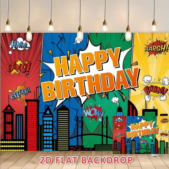 Superhero Comic Style Happy Birthday Backdrop, City Theme Party Decoration Background Wall, Photo Booth Prop For Birthday Parties, Birthday Banquet Activity Scene Layout Banner