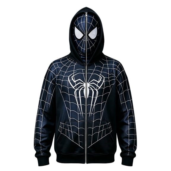 Superhero Cosplay Full Zip Mask Hoodie, Halloween Superhero Zentai Suit, Classic Spider Web Printed Bodysuit with Mask Set for Halloween Fancy Dress Party Cosplay
