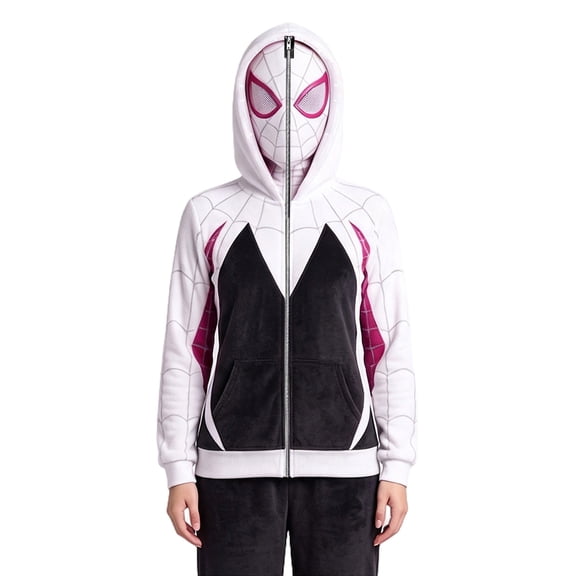 Superhero Cosplay Full Zip Mask Hoodie, Spider Web Print Sweatshirt for Adult Halloween Fancy Dress Party Cosplay
