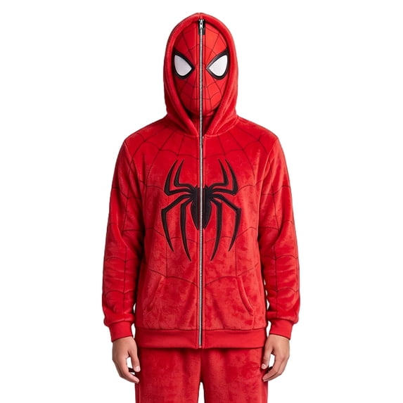 Superhero Cosplay Full Zip Mask Hoodie, Spider Web Print Sweatshirt for Adult Halloween Fancy Dress Party Cosplay