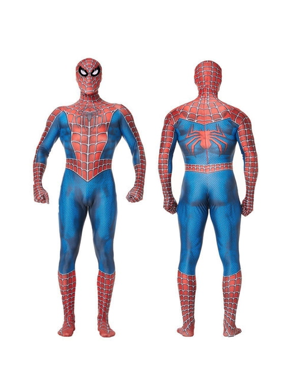 Superhero Cosplay Zentai Suit, Red Blue Full Body Bodysuit with Mask Theme Party Outfit for Halloween Cosplay