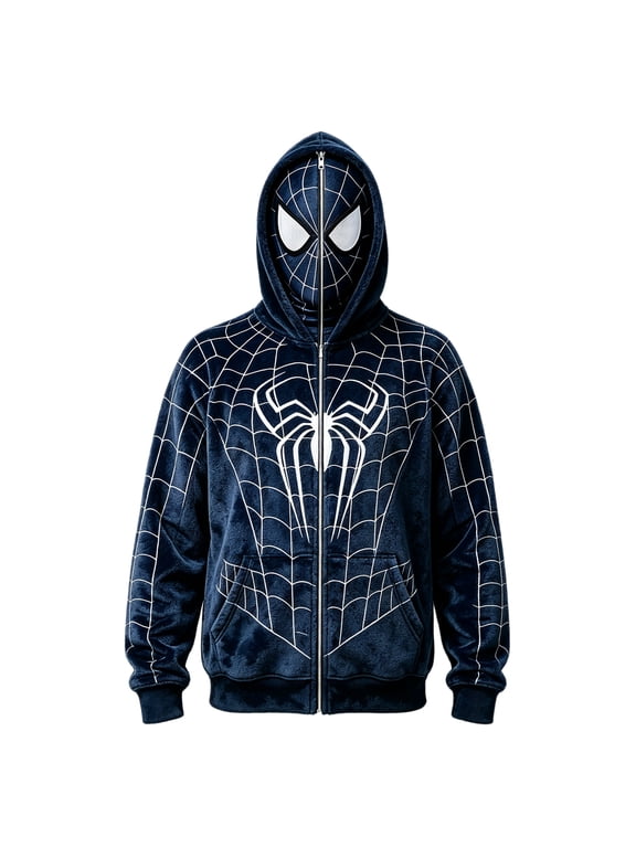 Superhero Costume Jacket Web Print Streetwear Spider Cosplay Hoodie Full Zip Mask Sweatshirt for Halloween