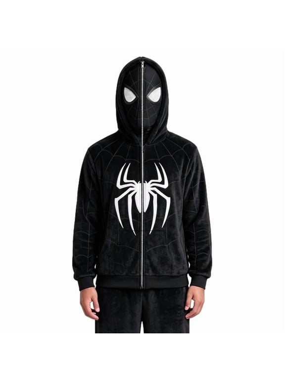 Superhero Costume Jacket Web Print Streetwear Spider Cosplay Hoodie Full Zip Sweatshirt for Spooky Halloween Season
