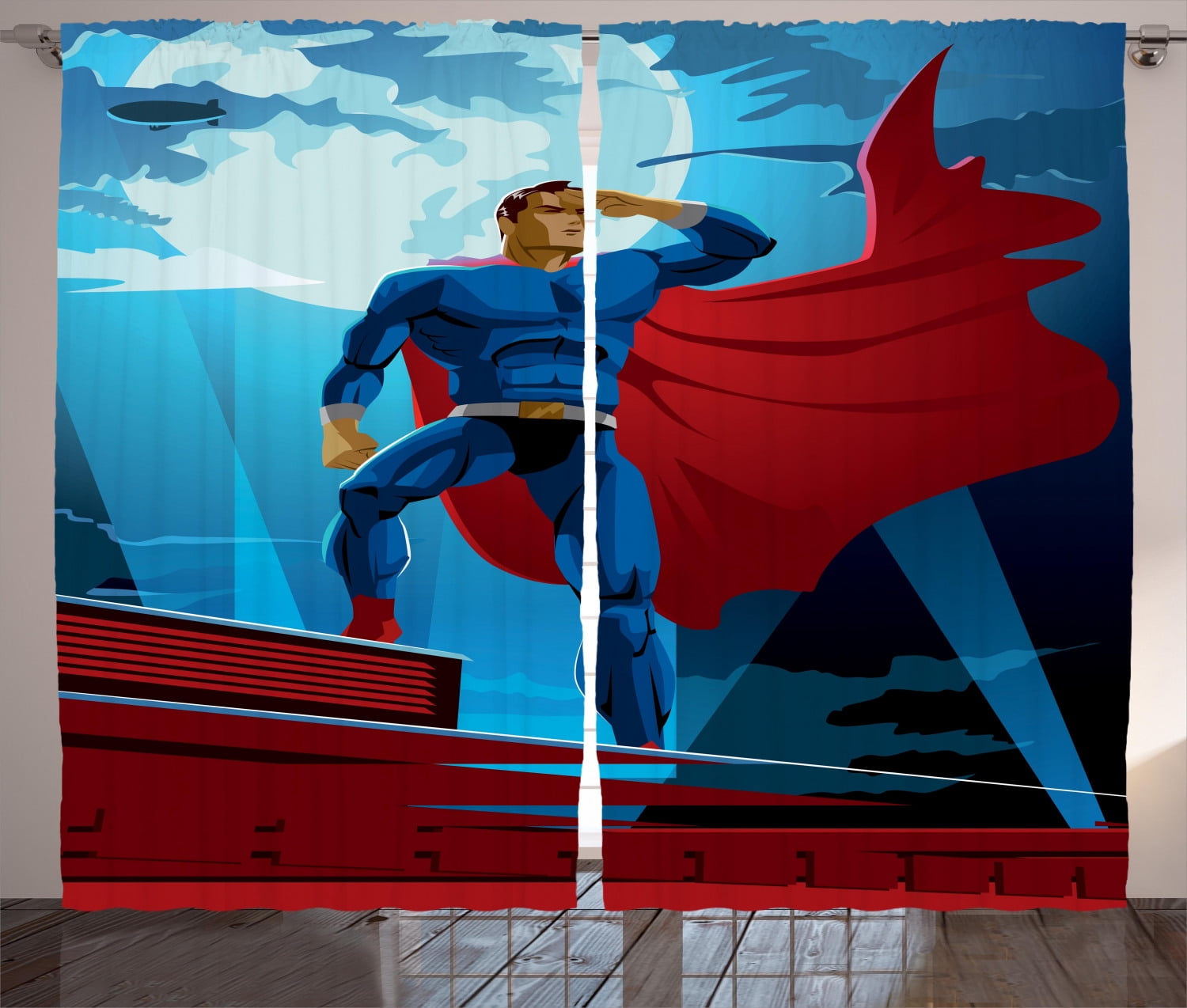 Ambesonne Superhero Curtains 2 Panel Set, Retro Cartoon Heros, 108" x 84", Blue Red